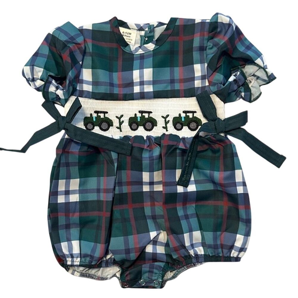 Baby Girl 0-3 Month Green Plaid Lightweight Tractor Short Sleeve One-Piece